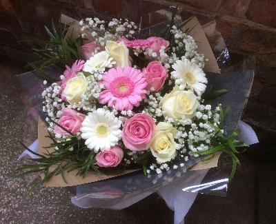 Pink and White Rose and Germini Handtied